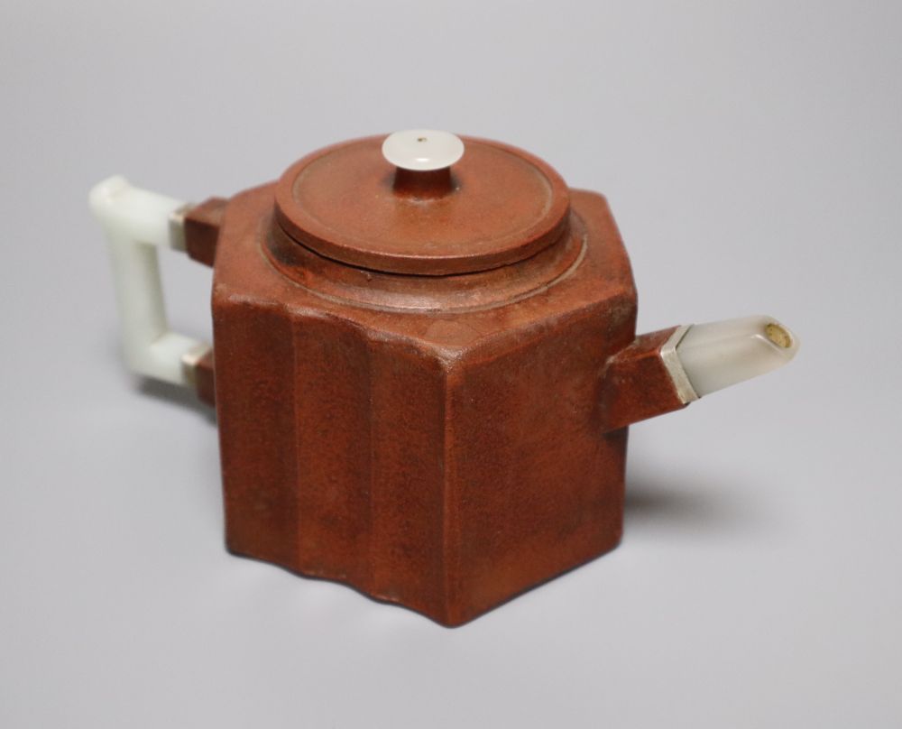A Chinese Yixing teapot, with agate mounts, 18cm across